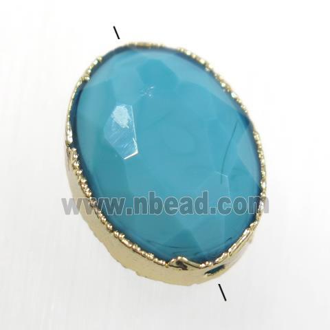 blue glass crystal bead, oval, gold plated