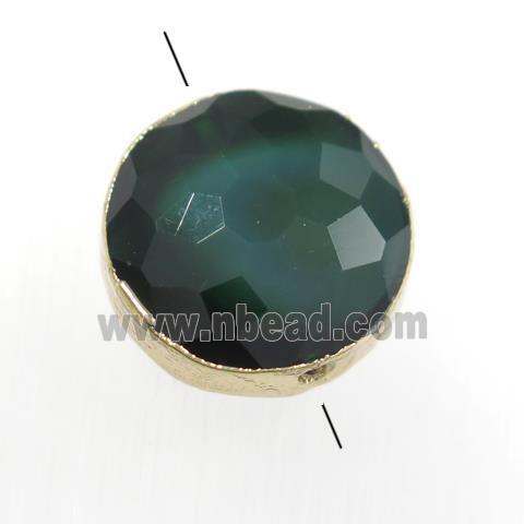 dark green glass crystal bead, circle, gold plated