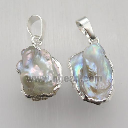 white Pearl pendant, freeform, silver plated