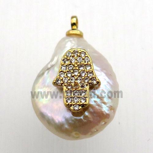 Natural pearl pendant with zircon, hamsahand