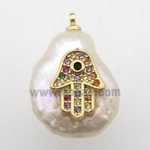 Natural pearl pendant with zircon, hamsahand