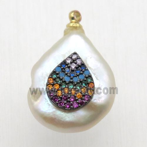 Natural pearl pendant with zircon, teardrop