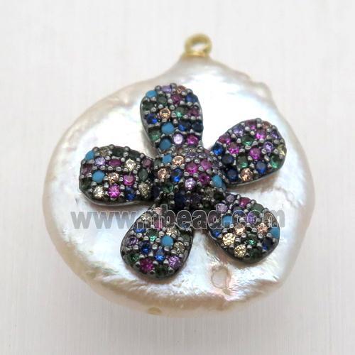 Natural pearl pendant with zircon, flower