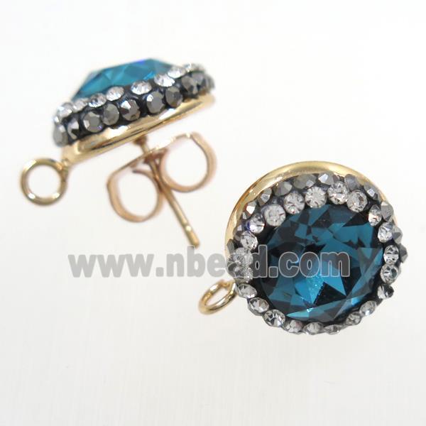 peacock green Chinese Crystal Glass earring studs paved rhinestone, gold plated
