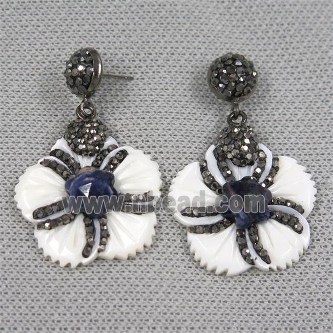white shell earring pave rhinestone, flower
