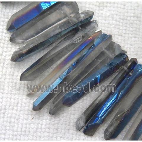 clear quartz beads, stick, half blue electroplated
