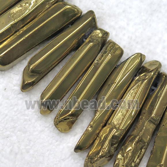 Clear Quartz stick beads, polished, gold plated