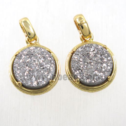 Silver Druzy Agate pendant, flat-round, gold plated