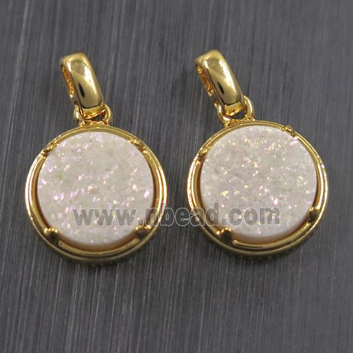 white AB-color Druzy Agate pendant, flat-round, gold plated
