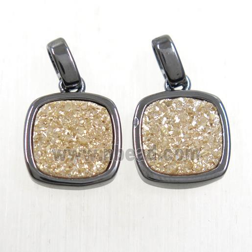 golden champagen Druzy Agate pendant, square, black plated