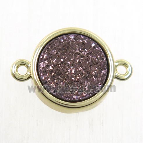 coffee Druzy Agate connector, flat-round, gold plated