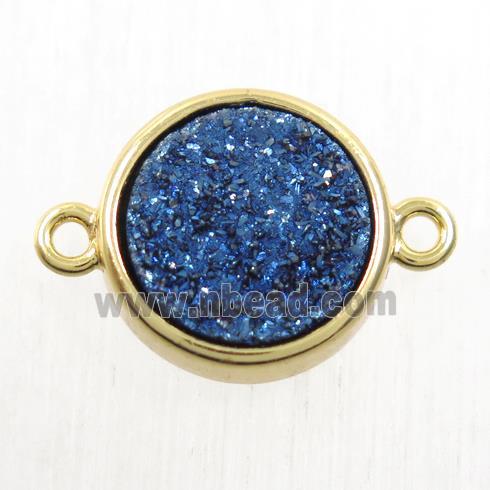 blue Druzy Agate connector, flat-round, gold plated