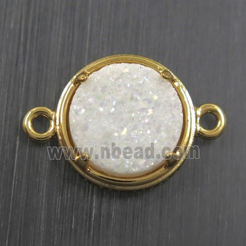 white AB-color Druzy Agate connector, flat-round, gold plated