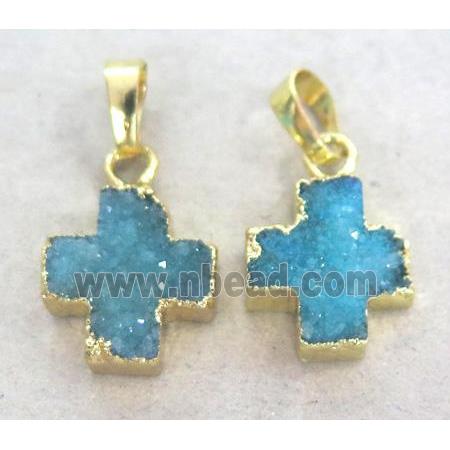 druzy quartz pendant, cross, gold plated