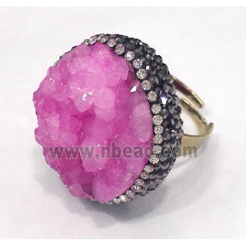 pink druzy quartz ring paved rhinestone, copper, gold plated