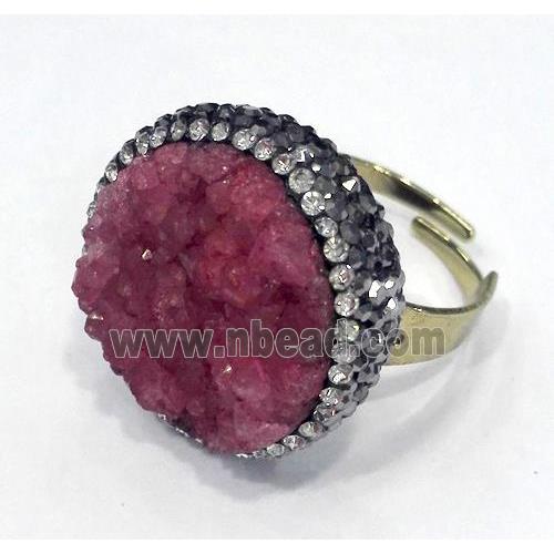 red druzy quartz ring paved rhinestone, copper, gold plated