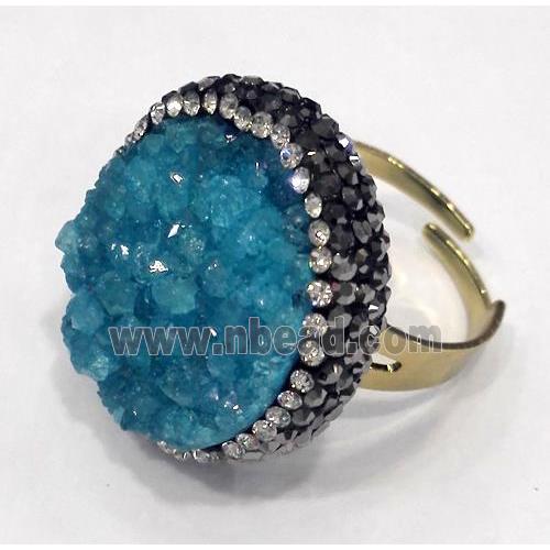aqua druzy quartz ring paved rhinestone, copper, gold plated