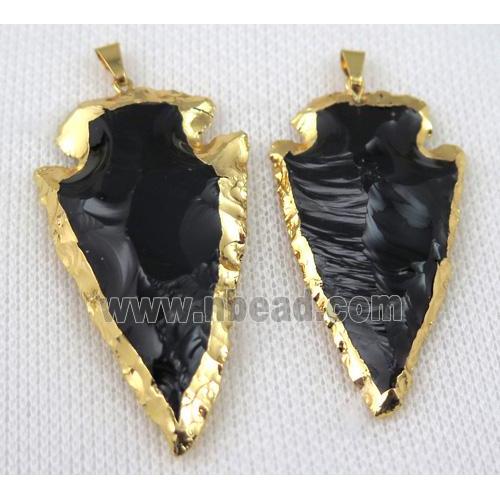 hammered agate onyx arrowhead pendant, black, gold plated