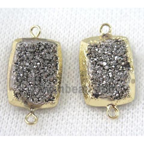 silver druzy quartz connector, rectangle, gold plated