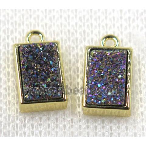 rainbow Druzy Quartz pendant, rectangle, gold plated
