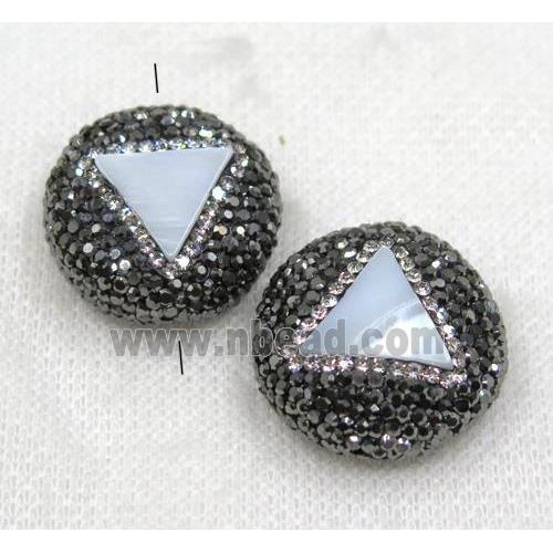 white shell beads paved black rhinestone, flat round