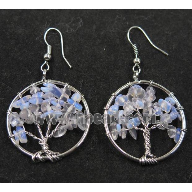 white opalite earring, tree of life, platinum