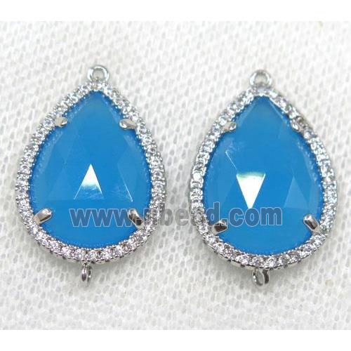 blue crystal glass connector paved rhinestone, faceted teardrop, platinum plated