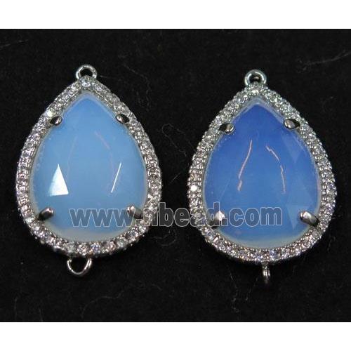 white crystal glass connector paved rhinestone, faceted teardrop, platinum plated