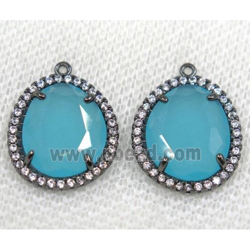 aqua crystal glass pendant paved rhinestone, faceted teardrop, black plated