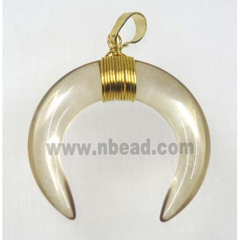crystal glass crescent moon pendant, gold champagne, wire wrapped