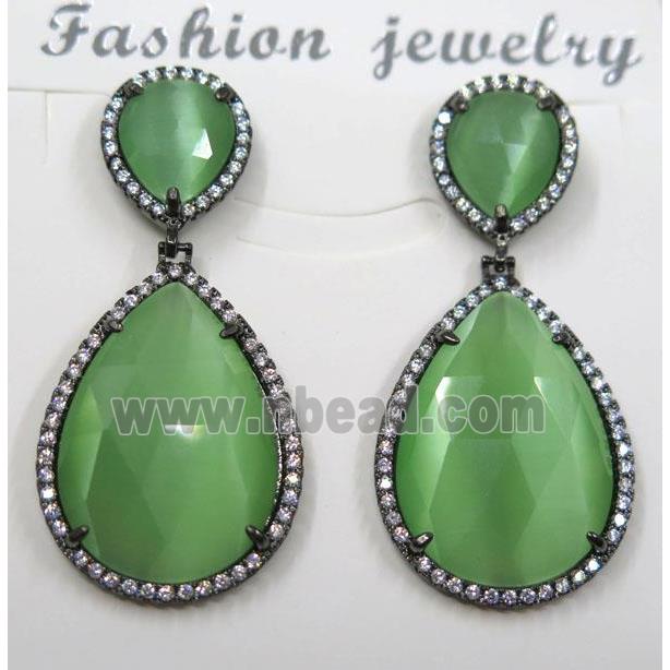 green cat eye stone earring pave zircon, teardrop