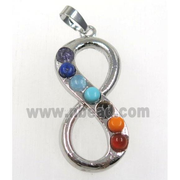 gemstone Chakra infinity pendant, alloy, platinum plated