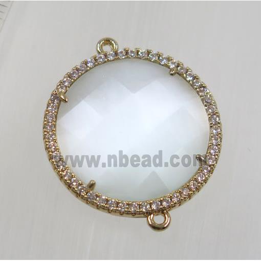 white cats eye stone connector pave zircon, faceted flat round, gold plated
