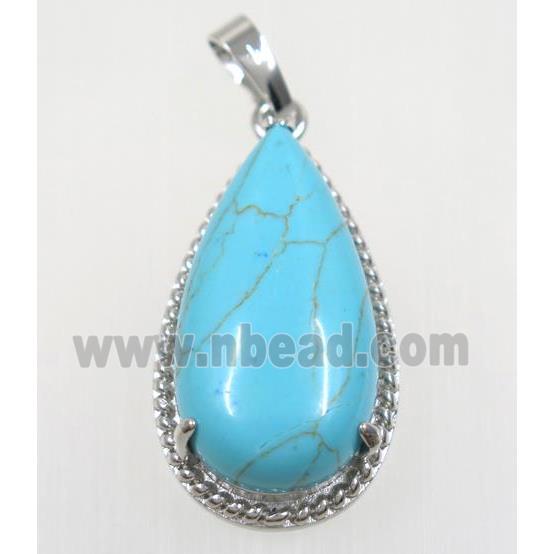 aqua turquoise teardrop pendant, copper, platinum plated
