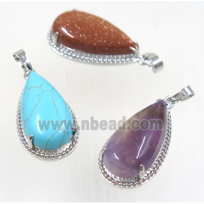 mix gemstone teardrop pendant, copper, platinum plated