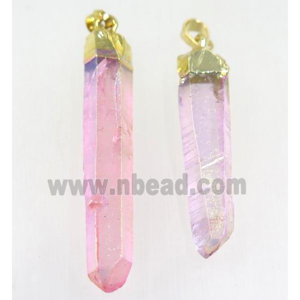 Clear Quartz stick pendant, pink, gold plated