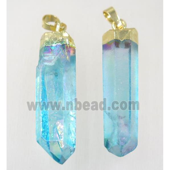 Clear Quartz stick pendant, blue, gold plated