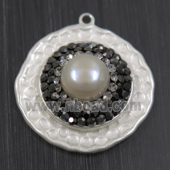 white Pearl pendant pave rhinestone, copper, flat round, duck silver plated
