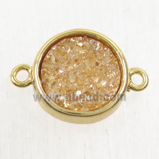 golden champagne Druzy Agate connector, flat round, gold plated