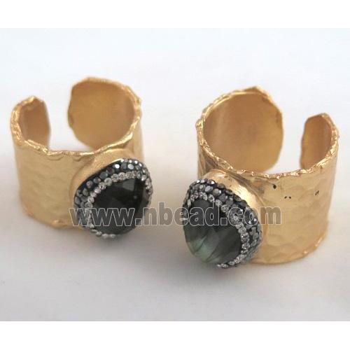 Labradorite Ring paved rhinestone, copper, gold plated