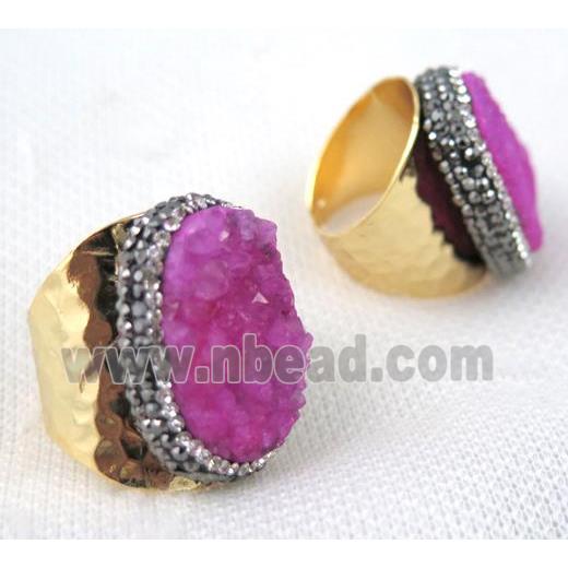pink druzy quartz ring pave rhinestone, copper, gold plated