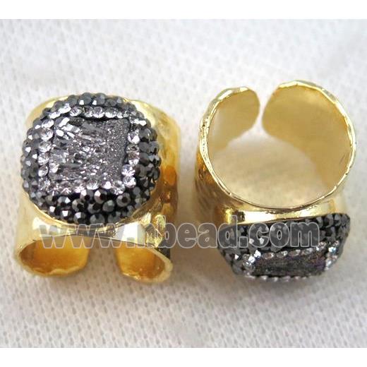silver agate druzy Ring pave rhinestone, copper, gold plated