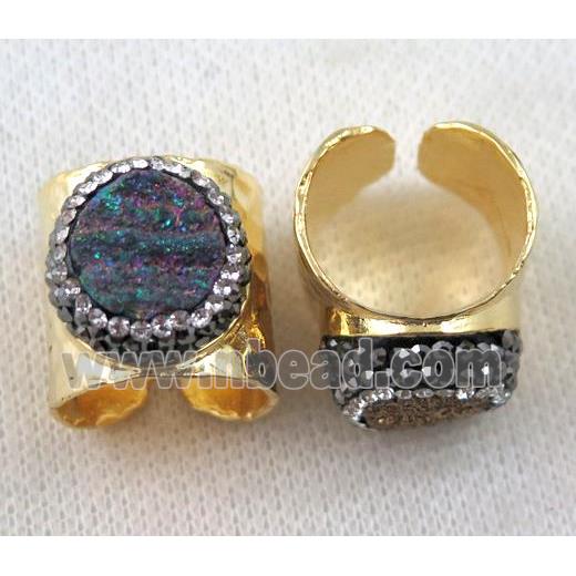 rainbow agate druzy Ring pave rhinestone, copper, gold plated