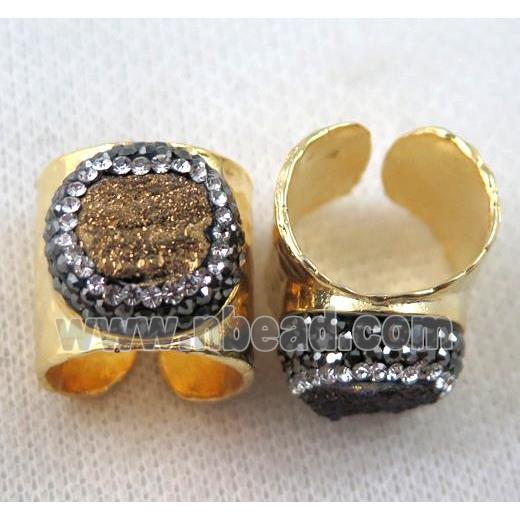 golden agate druzy Ring pave rhinestone, copper, gold plated
