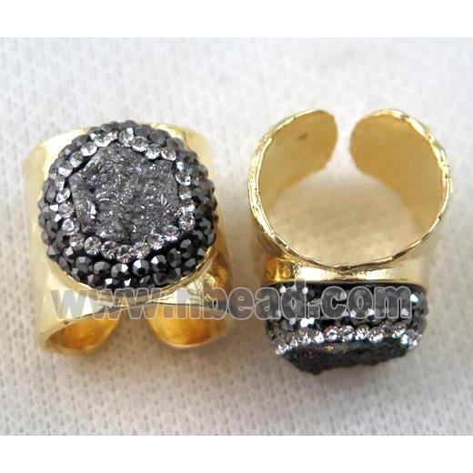 silver agate druzy Ring pave rhinestone, copper, gold plated