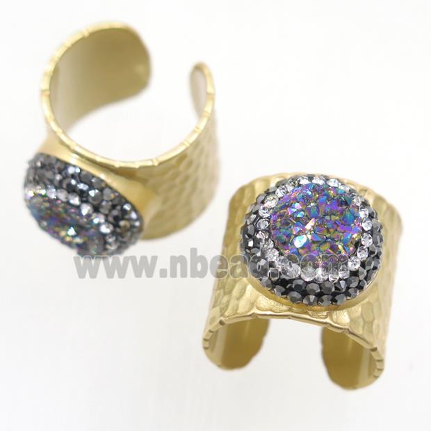 rainbow Druzy Quartz Copper Ring pave rhinestone, duck gold