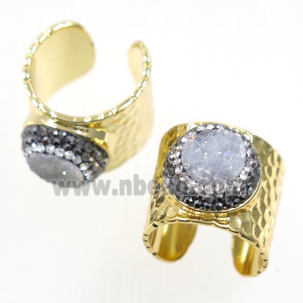 white Druzy Quartz Copper Ring pave rhinestone, gold plated