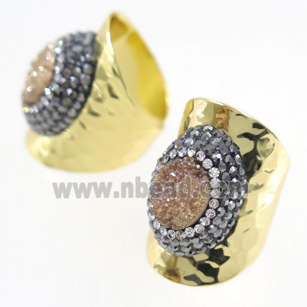 champagne Druzy Quartz Copper Ring pave rhineston, gold plated