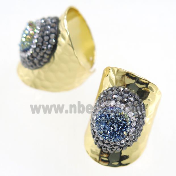 green Druzy Quartz Copper Ring pave rhineston, gold plated