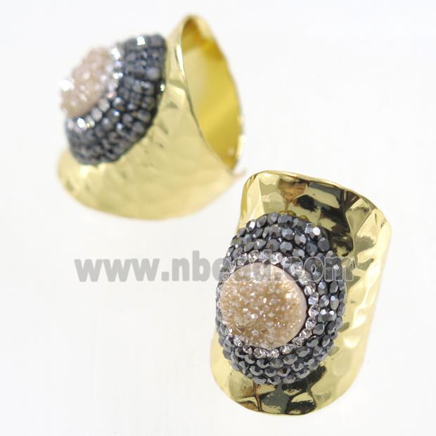 champagne Druzy Quartz Copper Ring pave rhineston, gold plated